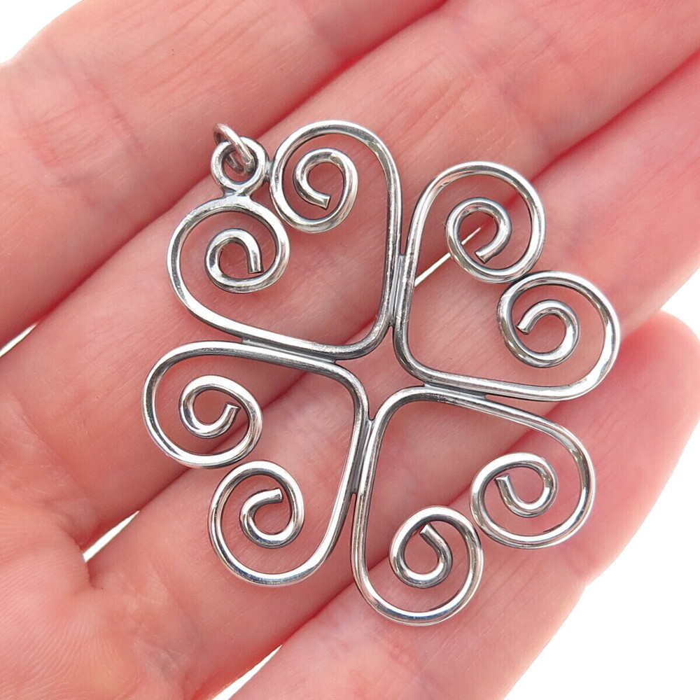 925 Sterling Silver Vintage Heart Clover Good Luck Oxidized Charm Pendant